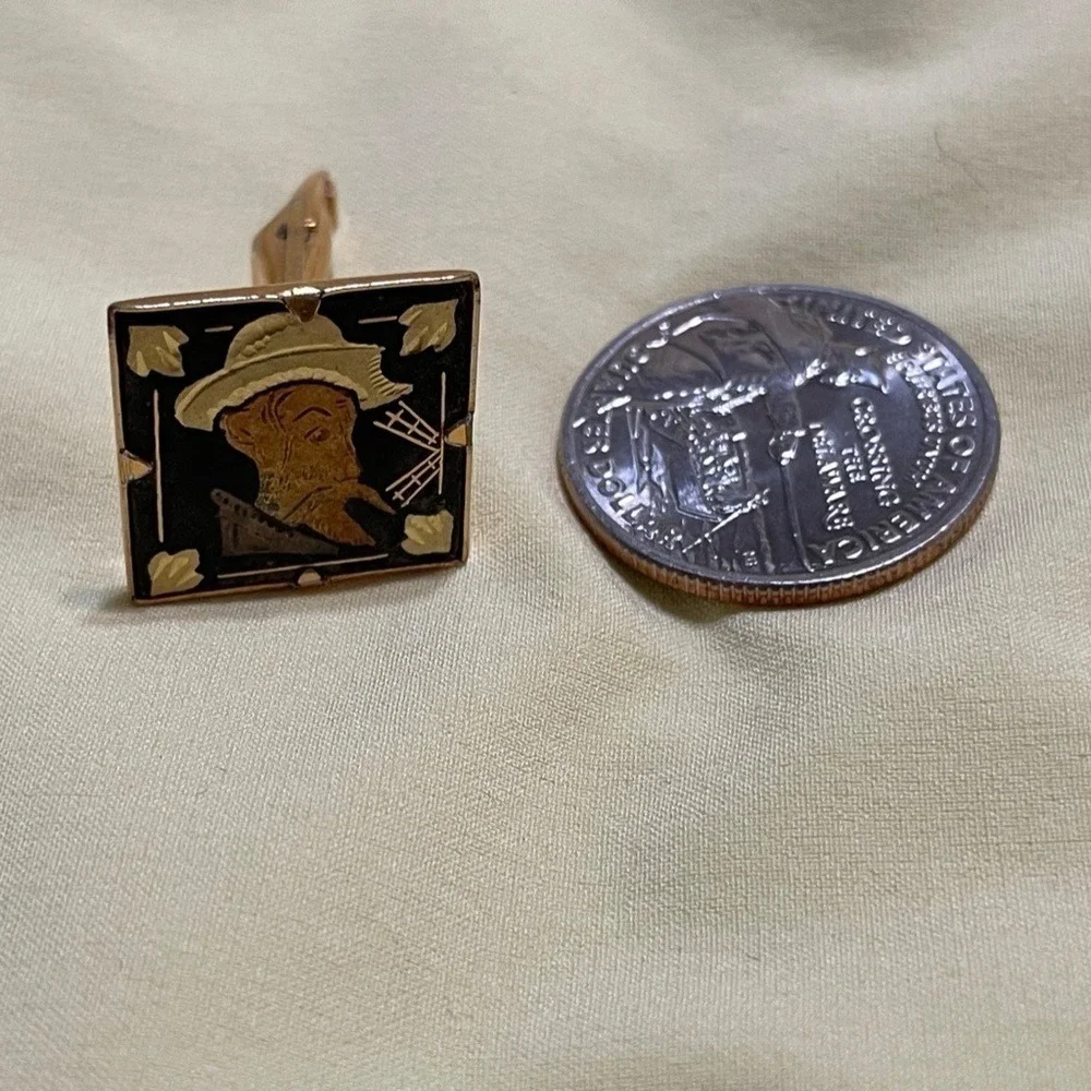 Vintage Cufflinks Don Quixote Damascene Gold Black Spanish Style Elegant Wedding